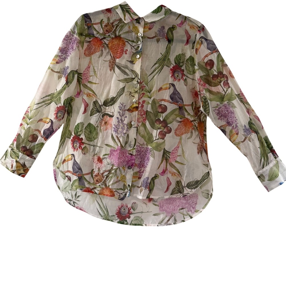 Fairycore Whimsy Tropical Botanical Bird Print Lightweight button down L Beachy - Picture 2 of 11